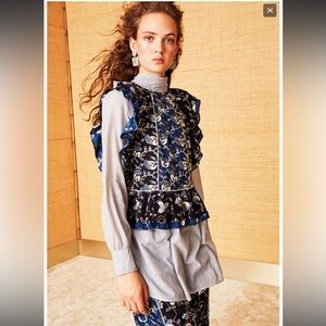 Ulla Johnson Midnight Blue Floral Blouse with Ruffle Sleeve Size 8 Medium